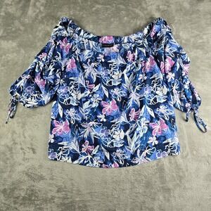 Lane Bryant Top Womens Blue White Pink Floral Off The Shoulder Ruched 3/4 Sleeve